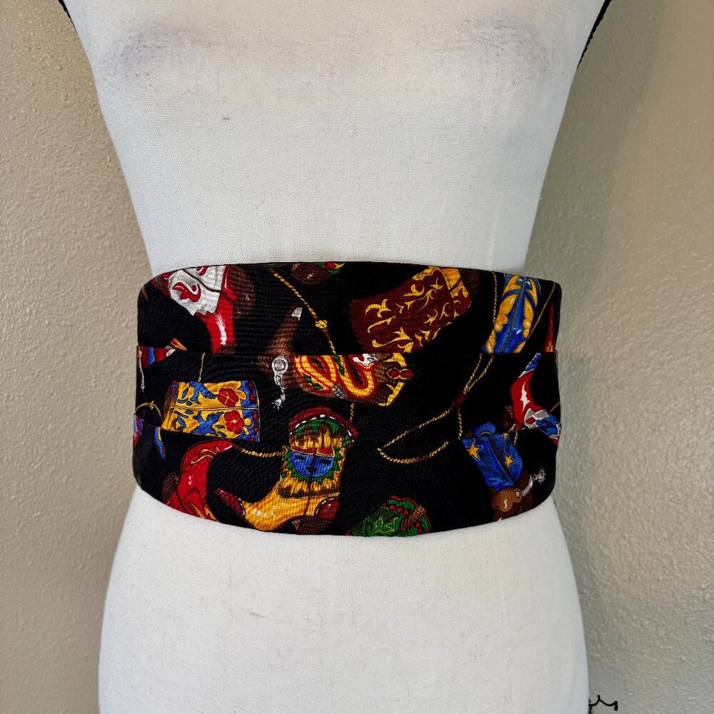 Quirky Cute Black Western Cummerbund w/ Bright &‎ Colorful Cowboy Boots 29-40